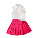 Girl's White Sleeveless Shirt With Rose Red Pleated Skirt Set