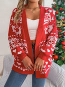 Cardigan ouvert devant pour femme, vêtement de Noël 2024, tricot, manches lanternes, imprimé cerf surdimensionné, poches, tricoté