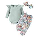 Sunken Stripe Long-sleeve Jumpsuit Flower Print Trousers Hair Band For Girls Suit