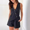 Short de couleur unie européen et américain, gilet décontracté à col en V, taille serrée