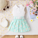 Girls' Suit Sleeveless Sunken Stripe Top With Daisy Plaid Skirt Belt Three-piece Suit
