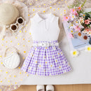 Girls' Suit Sleeveless Sunken Stripe Top With Daisy Plaid Skirt Belt Three-piece Suit