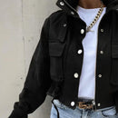 Women's Stand Collar Long Sleeve Jacket With Button & Zipper Closure - Two Large Pockets & Drawstring Hem Casual Short Jacket For Spring&Fall