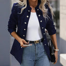 Women's Solid Color Stand Collar Double Breasted Long Sleeve Cardigan Office Casual Jacket For Spring&Fall