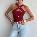 Women's Criss Cross Halter Bodysuit Ring Cut Out Sleeveless Fitted Leotard Tops