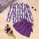 Toddler Girl Purple Rose Print Girls Outfit, Spring Fall Stripe Top With Belt Skirts Set Holiday Going Out Clothes