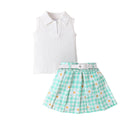 Girls' Suit Sleeveless Sunken Stripe Top With Daisy Plaid Skirt Belt Three-piece Suit