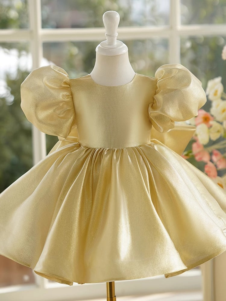 Girls' Dress New Champagne Satin Flower Girl Puff Sleeve
