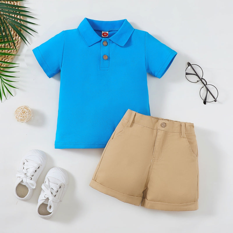 Boy's Polo Shirt Zipper Bar-tack Solid Color Shorts