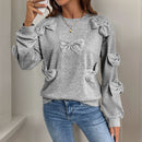 Casual Cool Bow Stitching Gray Women's Round-neck Sweater