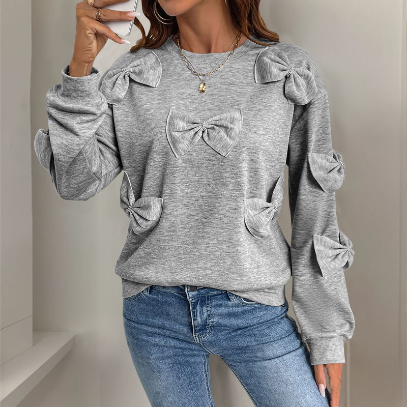 Casual Cool Bow Stitching Gray Women's Round-neck Sweater