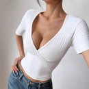 Women's Summer Textured Mid Sleeve V-neck Slim Fit Style Pullover