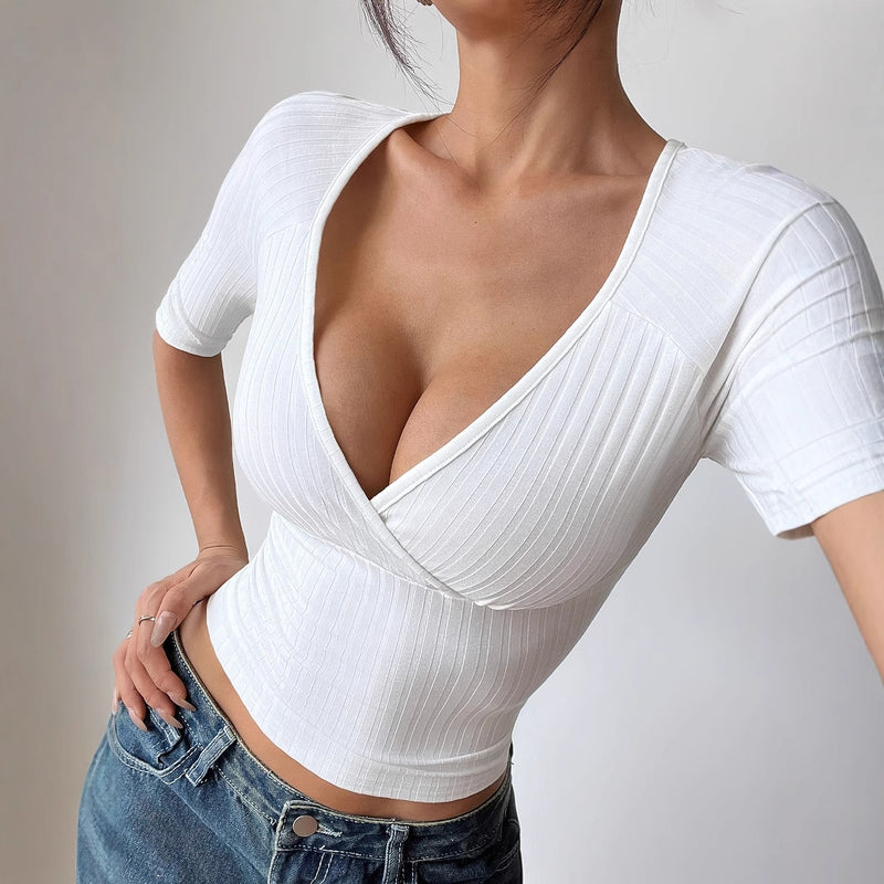 Women's Summer Textured Mid Sleeve V-neck Slim Fit Style Pullover