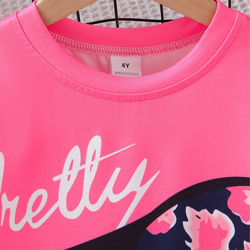 Girls Heat Transfer Patch Short Sleeve Round Neck Top Casual Pants Suit