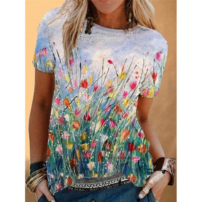 Summer Popular Color Printing Round Neck Short Sleeve T-Shirt