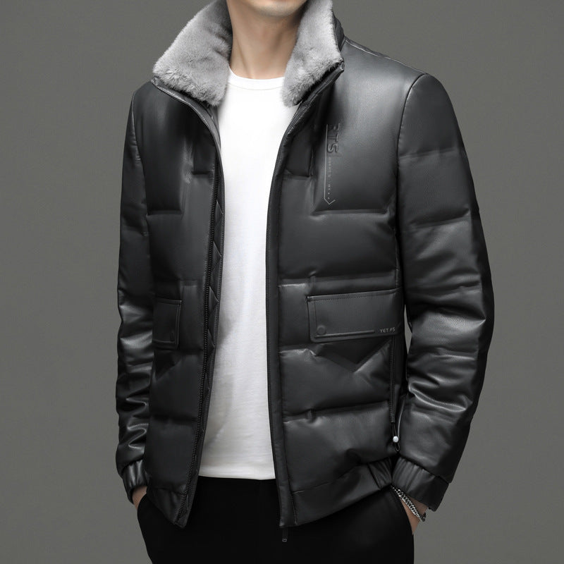 Men's Leather Down Short Jacket Fleece Padded Coat