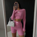 Knitted Long Sleeve Printed Top High Waist Shorts Suit