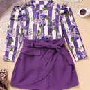 Toddler Girl Purple Rose Print Girls Outfit, Spring Fall Stripe Top With Belt Skirts Set Holiday Going Out Clothes
