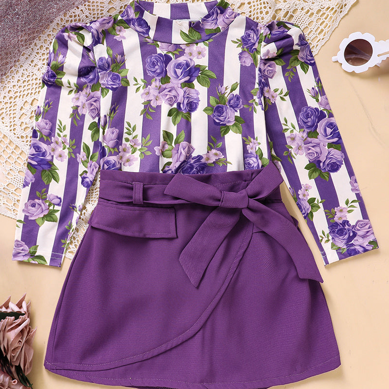 Toddler Girl Purple Rose Print Girls Outfit, Spring Fall Stripe Top With Belt Skirts Set Holiday Going Out Clothes