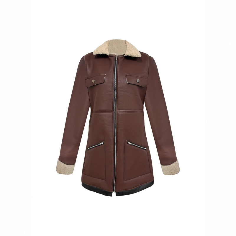 Faux Suede Zipper Composite Fur Integrated Turn-down Collar Coat
