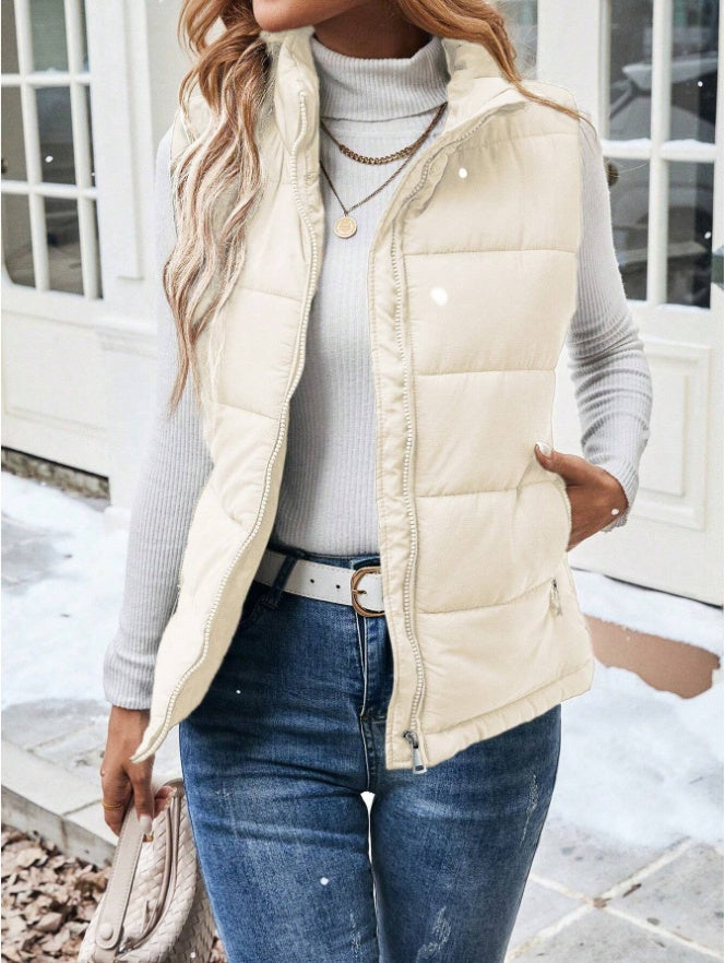 Women's Casual Zipper Closure Stand Collar Padded Padded Puffer Vest