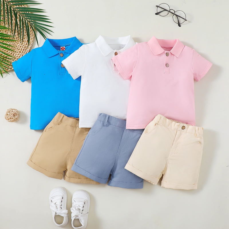 Boy's Polo Shirt Zipper Bar-tack Solid Color Shorts