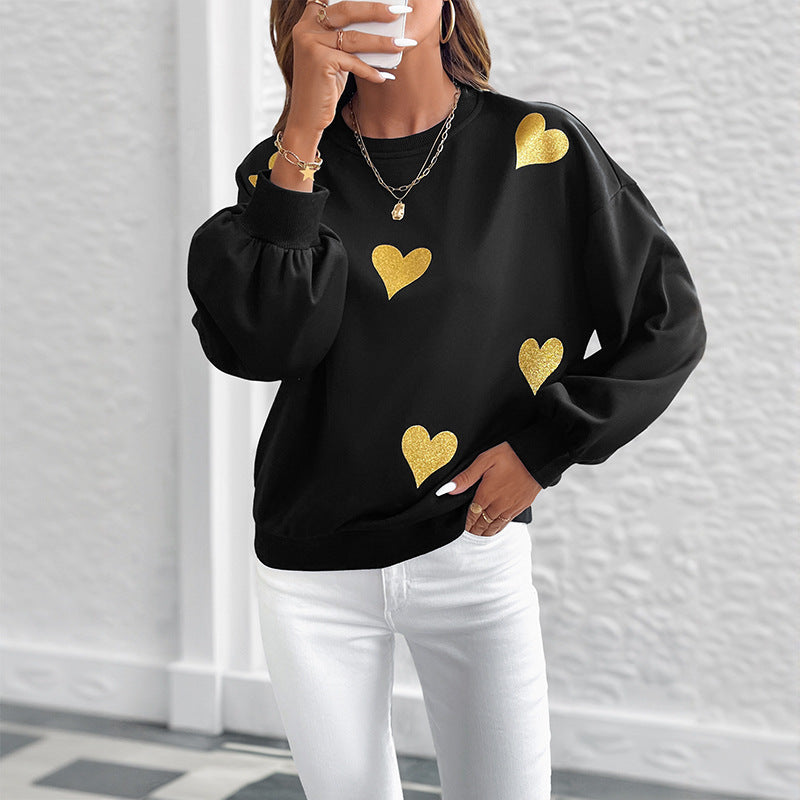 Women's Sweet Style Heart Printing Loose Round Neck Long Sleeve Sweater