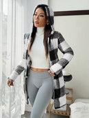 Women's Casual Plaid Printed Double-sided Plush Hooded Zipper Jacket