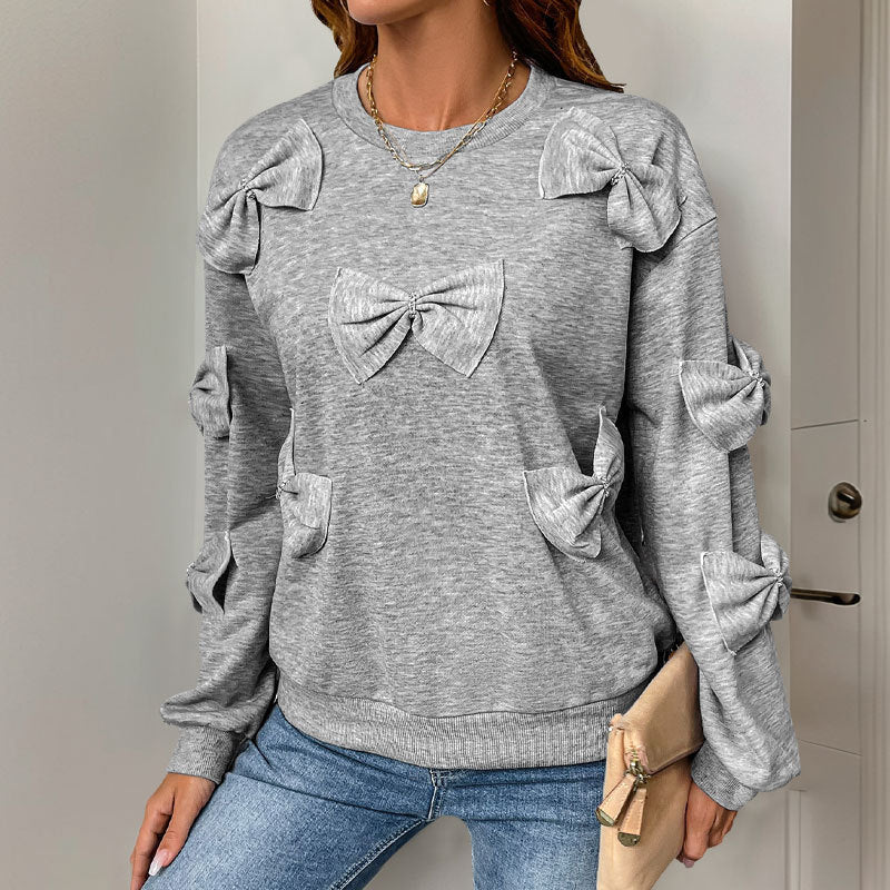 Casual Cool Bow Stitching Gray Women's Round-neck Sweater
