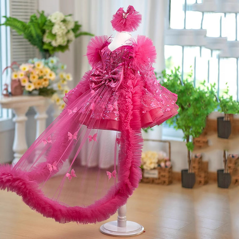 Rose Red Butterfly Sequined Long Sleeve Princess Children's Birthday Party Dress
