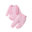 3 Piece Set Ribbed Frill Long Sleeve Romper And Pants Suit With Headscarf