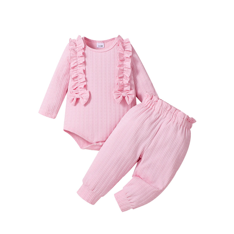 3 Piece Set Ribbed Frill Long Sleeve Romper And Pants Suit With Headscarf