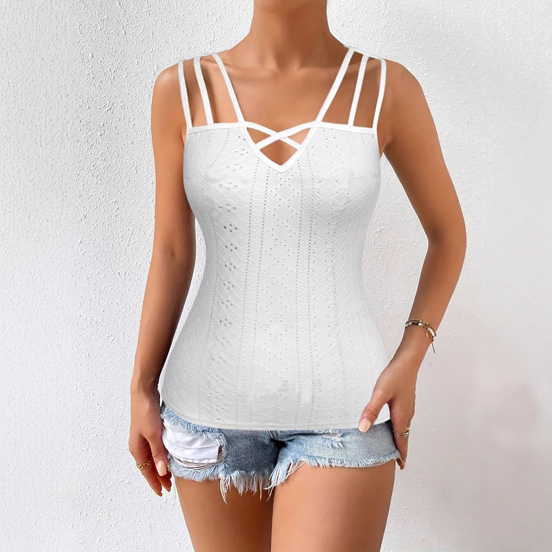 Summer Sleeveless Women's Solid Color Jacquard Camisole Pullover With Hollowed Out Top