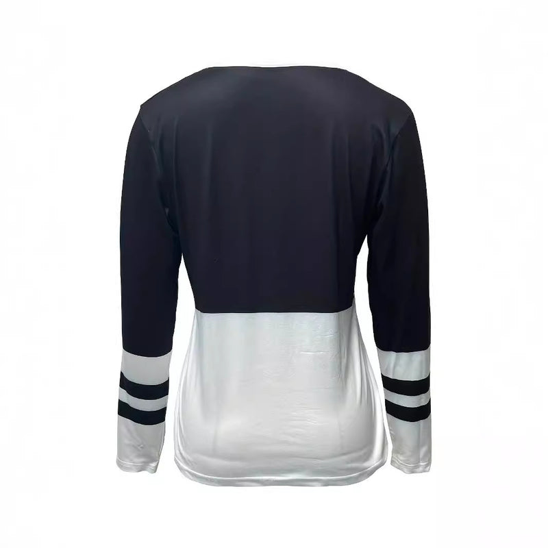 Women's V-collar Contrast Color Striped Loose Zip Long-sleeved T-shirt