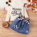 Children Suit Sunken Stripe Letter Jacket Leopard Patch Denim Skirt