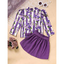 Toddler Girl Purple Rose Print Girls Outfit, Spring Fall Stripe Top With Belt Skirts Set Holiday Going Out Clothes