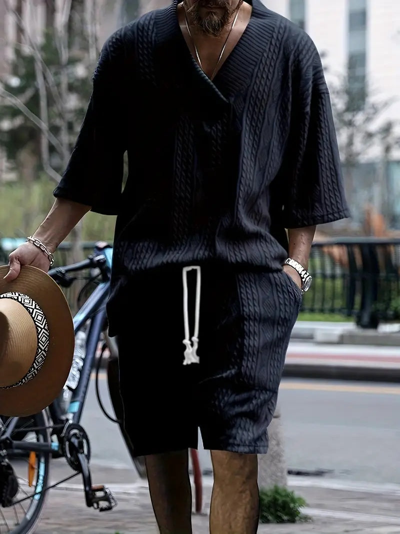 Ensemble 2 pièces pour homme, chemise jacquard unie à manches courtes et col en V, short à cordon assorti, vêtements de loisirs d'été