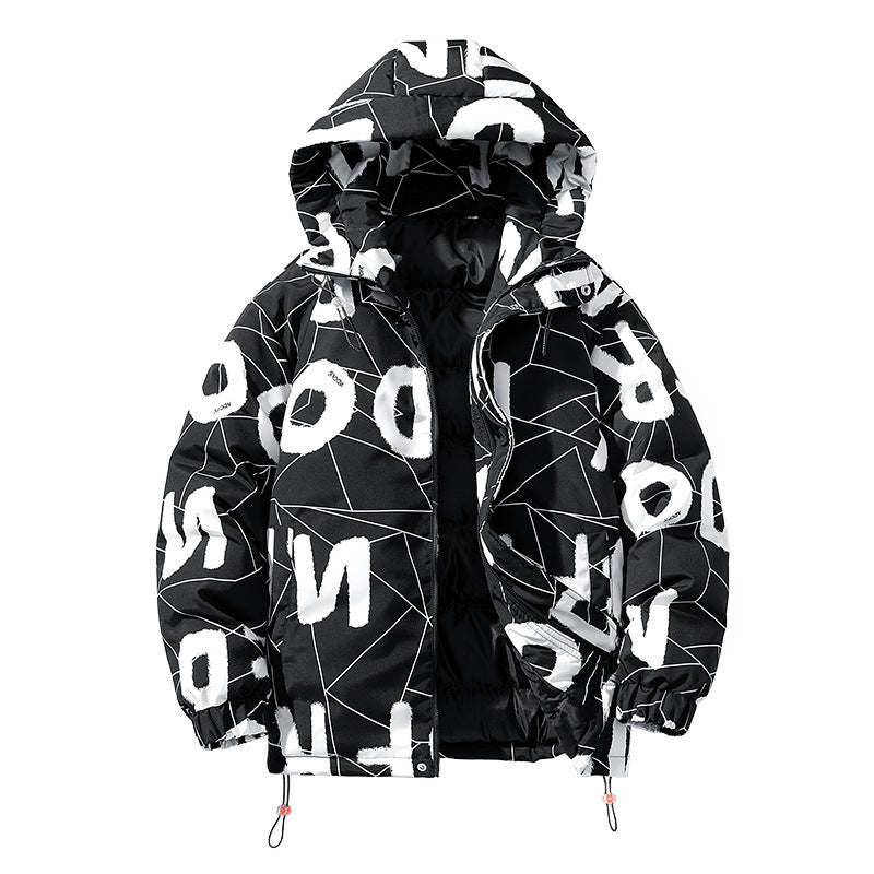 Dicker, baumwollgefütterter Mantel im Hong Kong-Stil mit Buchstaben im Unisex-Stil für Herren