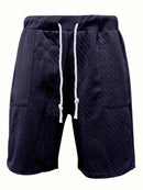 Ensemble 2 pièces pour homme, chemise jacquard unie à manches courtes et col en V, short à cordon assorti, vêtements de loisirs d'été