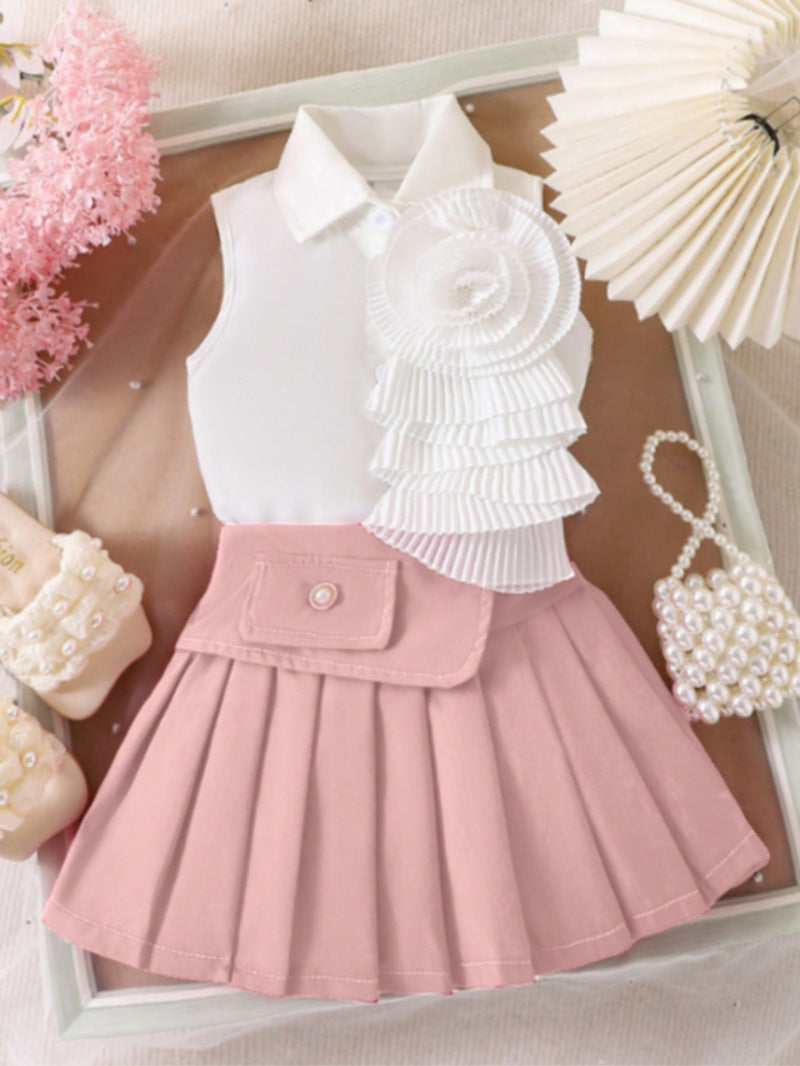 Girl's White Sleeveless Shirt With Rose Red Pleated Skirt Set