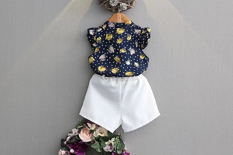 Girls Chiffon Sleeveless Flower Printed Two-piece Suit
