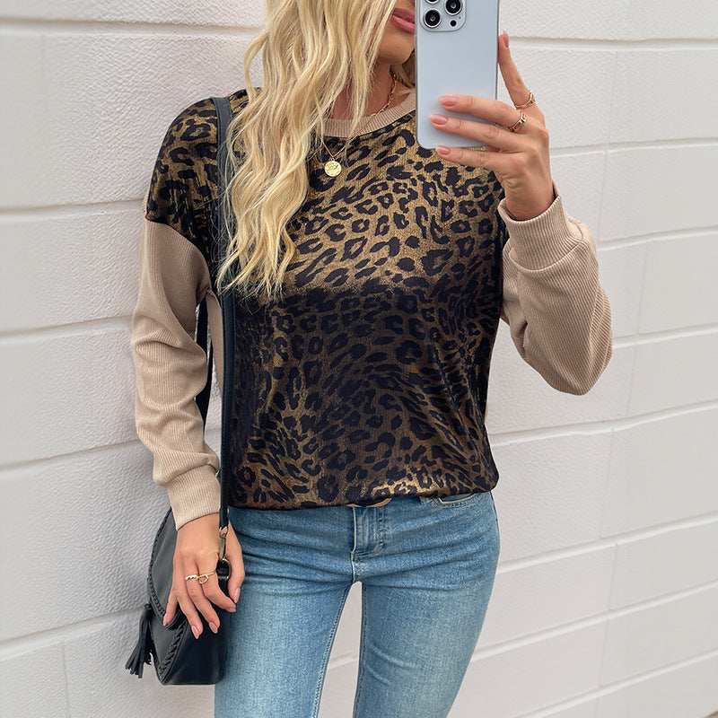 Long Sleeve Round Neck Leopard Print Sweater Top Women