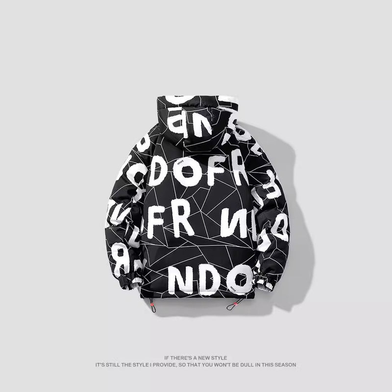 Dicker, baumwollgefütterter Mantel im Hong Kong-Stil mit Buchstaben im Unisex-Stil für Herren