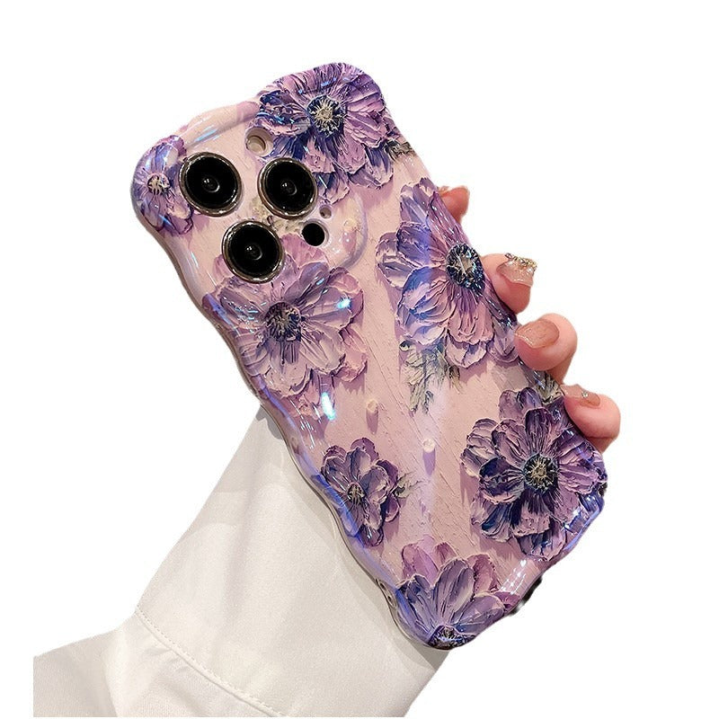 Étui de téléphone avec cordon et motif de fleurs peintes à l'huile