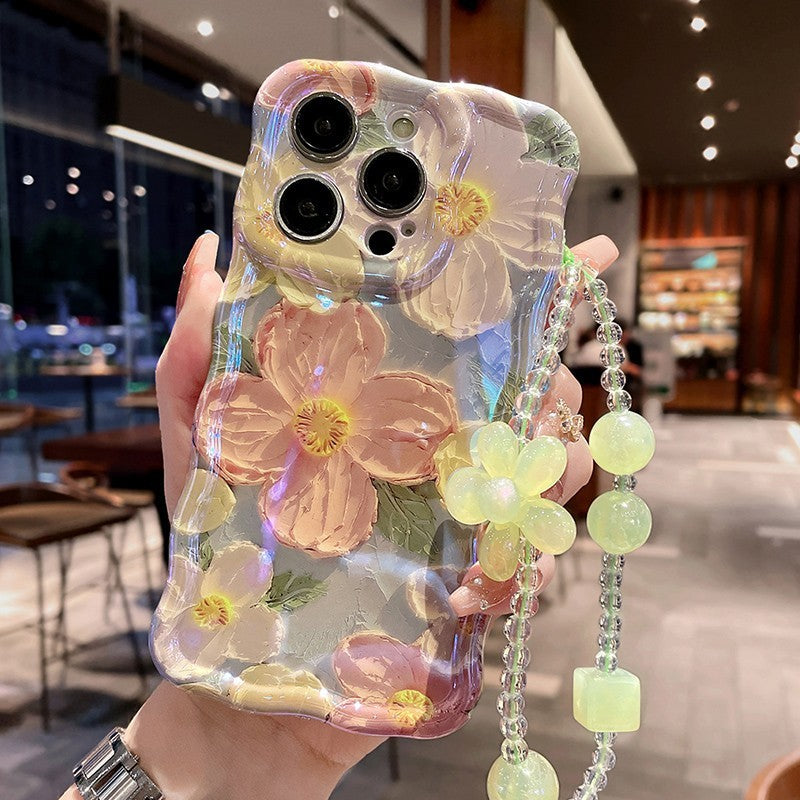 Étui de téléphone avec cordon et motif de fleurs peintes à l'huile
