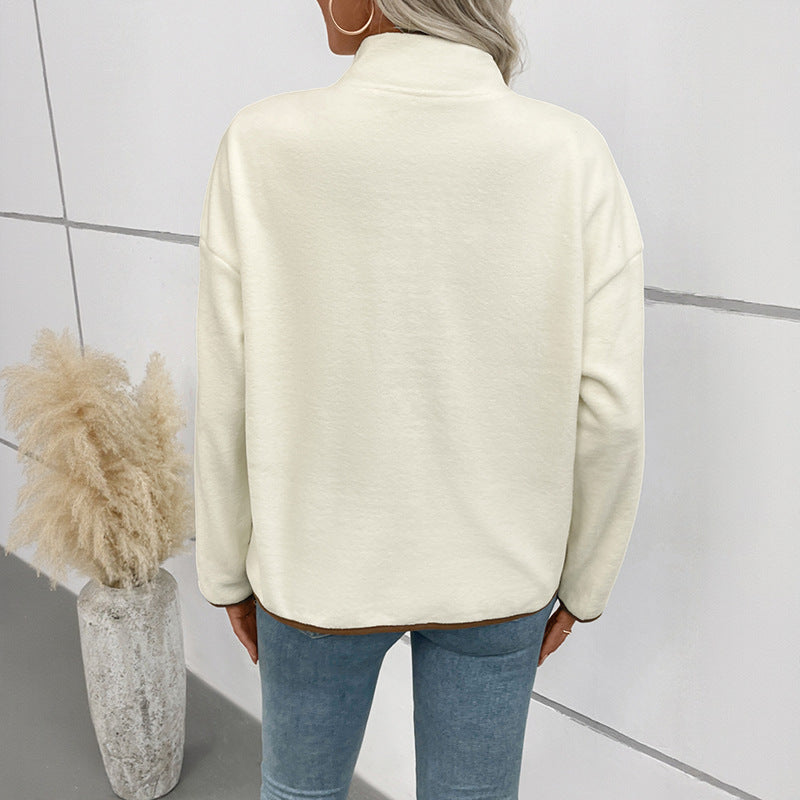 European And American Contrast Color Polar Fleece Cardigan Women's Fleece Short Stand-up Collar Casual Jacket