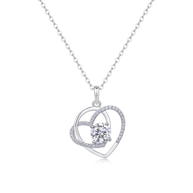 Heart To Heart Interlocking Luxury Fashion Diamond Pendant Necklace Set With Mosan Diamond Silver Ornaments