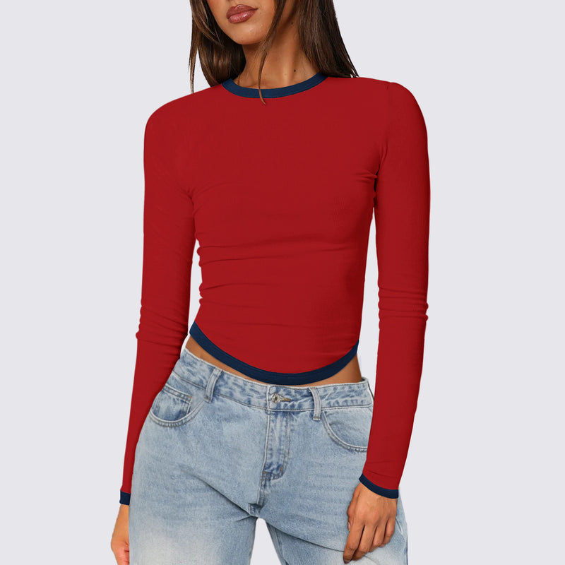 Women's Long-sleeved Round Neck Slim-fit Contrast Colors Short Pullover Top