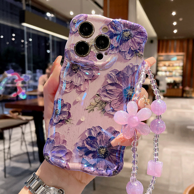 Étui de téléphone avec cordon et motif de fleurs peintes à l'huile