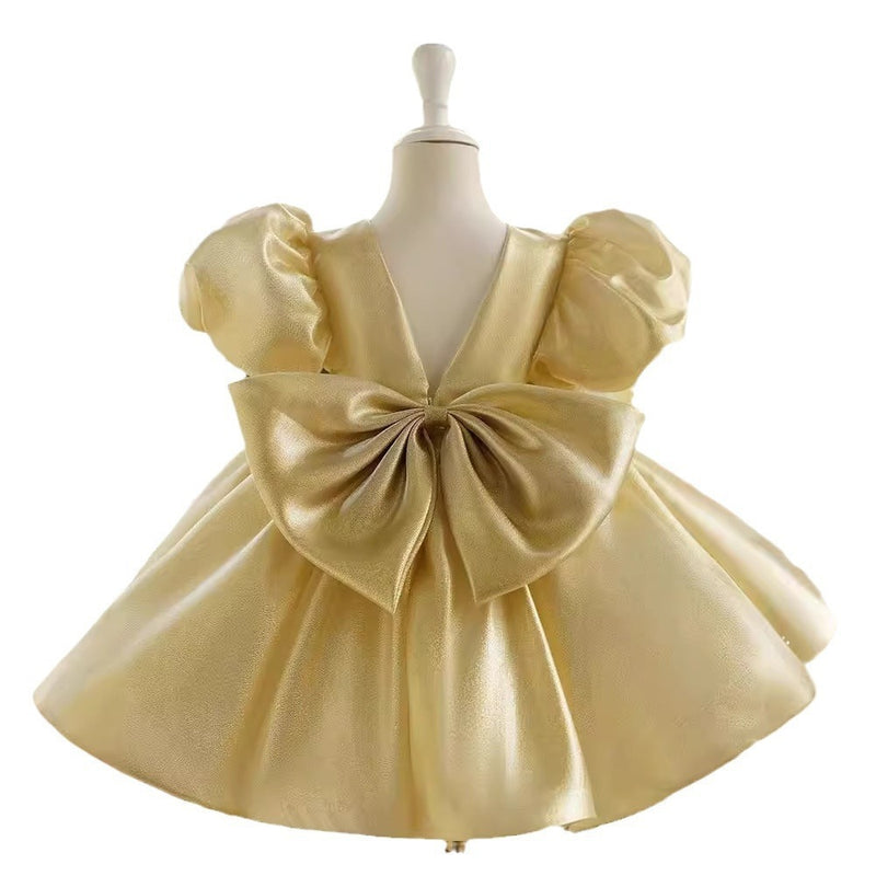 Girls' Dress New Champagne Satin Flower Girl Puff Sleeve
